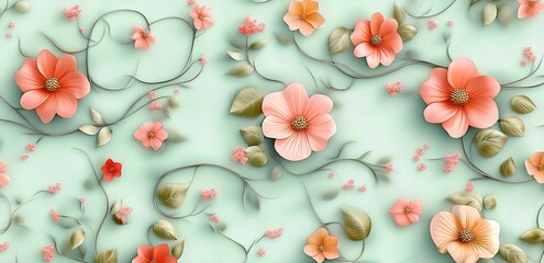 3D floral pattern, light green background with pink and orange flowers, leaves, and vines. 