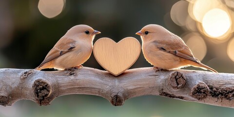 Two small birds face each other on a branch, with a wooden heart between them, symbolizing love and connection in a soft, natural setting.