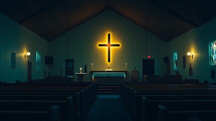 Dark and moody church interior featuring a glowing yellow cross on the altar surrounded by shadows.