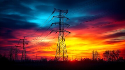 Power Lines at Sunset:  A dramatic silhouette of power lines against a vibrant sunset sky, conveying a sense of power, energy, and the interconnectedness of our world. 