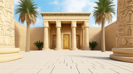 Fototapeta premium An ancient temple with grand columns and palm trees under a bright blue sky, representing history, travel, and architecture.
