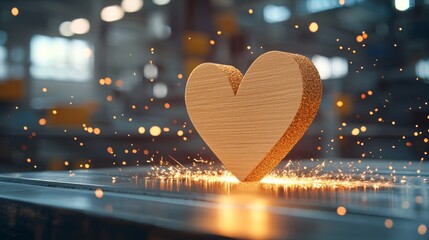 A wooden heart emits sparks, symbolizing creativity and passion in a vibrant workshop setting.