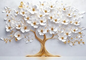 3D wallpaper featuring a white tree with golden flowers, set against a white background.