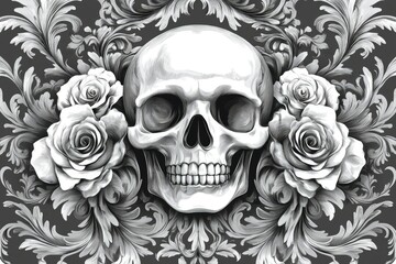 Monochrome skull with roses and baroque design.