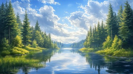 Calm river flowing through a lush green forest under a bright sunny sky.