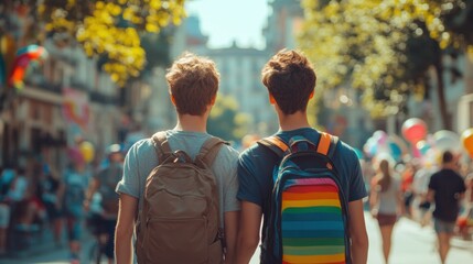 Friends at pride parade radiate joy, celebrating identity, unity, and inclusivity, supporting LGBTQA visibility and fight for human rights worldwide. Concept of human rights, liberty.