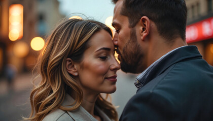 Naklejka premium Romantic couple embracing closely under city lights at night, sharing a loving forehead kiss under an urban skyline