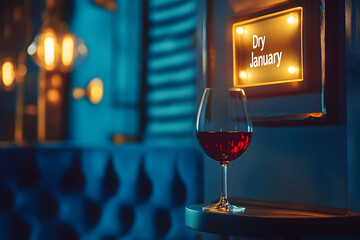 Text Dry January on the decorative lightbox and empty wine glass isolated on blue background