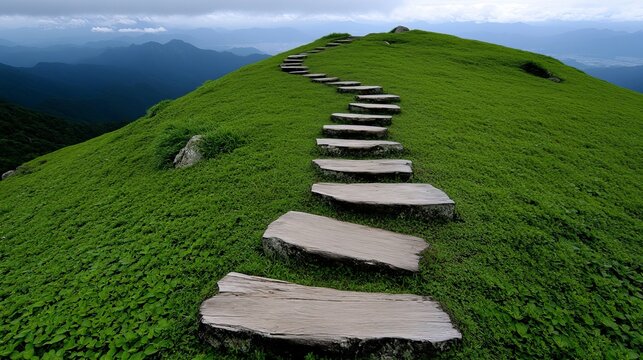 Stone Steps Leading to the Summit: A winding stone staircase ascends a verdant hillside, promising a journey to the summit. Clouds gather above the majestic mountains in the distance.
