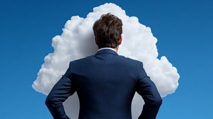 Cloud Computing Concept: A businessman stands with his back to the viewer, facing a large stylized cloud against a clear blue sky, symbolizing the vast potential and possibilities of cloud computing.