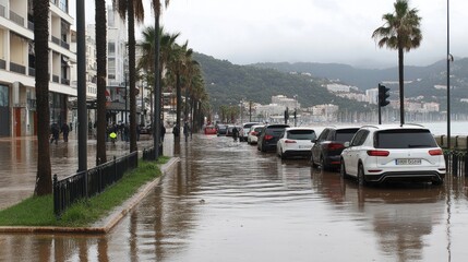 Streets near beach are flooded with cars navigating through standing water as onlookers gather, witnessing the aftermath of rain