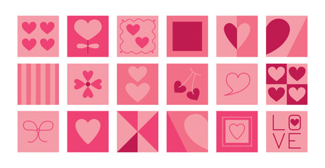 Valentine's day abstract pink geometric blocks. Y2k glamour romantic background. 2000s. Girly doll mood. Hearts, bows, shapes . Great for backdrop, banner, cover, card.