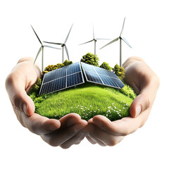 Hands Holding a Turbine with Panels Representing Global Environmental Protection and Green Energy