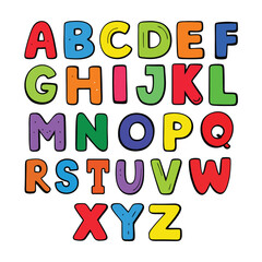 funny colorful cartoon alphabet poster featuring rounded bold letters in rainbow colors with a black outline. perfect for kids' birthday cards, baby showers, or as an educational nursery print.