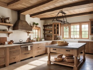 Rustic farmhouse kitchen with wooden cabinets, a large island, and exposed beams