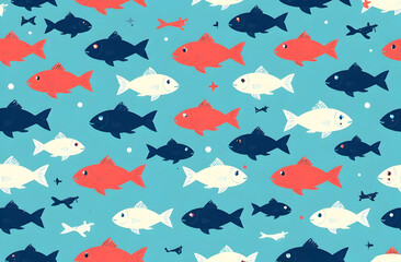 Seamless pattern with small fish. Fish, fishes on blue background, minimalistic style, good for textile, paper pattern