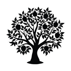 Obraz premium vector design of Pomegranate Tree (Punica granatum), labeled vector art, linocut silhouette illustration.