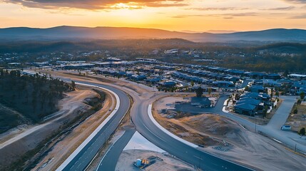 Fototapeta premium Golden Hour Aerial View of New Housing Development in the Australian Outback. AI Generated
