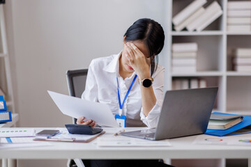 Tired young woman feel pain eye strain holding glasses rubbing dry irritated eyes fatigue from...