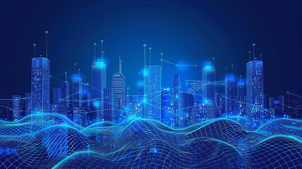 A city concept showcasing big data and connectivity with digital blue wavy wires and antennas against the megapolis city skyline at night, representing advanced technology and digital transformation.