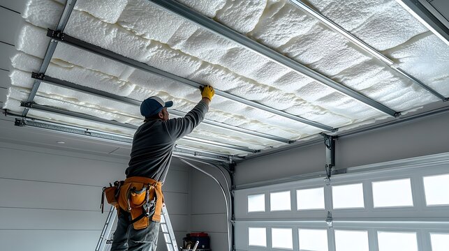 Home insulation is crucial for energy efficiency. A worker is seen applying foam insulation to a garage ceiling, showcasing the modern approach to improving home comfort.