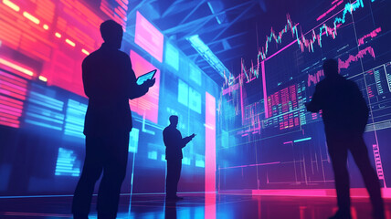 Fototapeta premium Silhouettes of Success: Three businessmen stand amidst a vibrant, digital landscape of financial data and charts, showcasing the dynamic nature of the modern business world. 