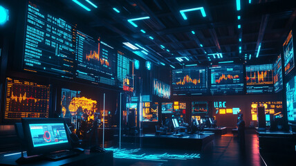 Cybernetic Command Center: Immersive digital environment, glowing screens display dynamic data streams. Futuristic control room, vibrant neon lights, high-tech atmosphere. Perfect for tech, finance.