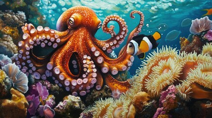 Obraz premium A tropical reef scene with an octopus interacting with a clownfish among anemones in clear water