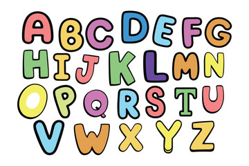 funny colorful cartoon alphabet poster featuring rounded bold letters in rainbow colors with a black outline. perfect for kids' birthday cards, baby showers, or as an educational nursery print.