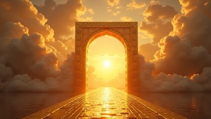 door to the sky gold gate in heaven rich and magnificent golden gate wide open floating among beautiful clouds