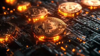 Obraz premium Bitcoin Circuitry: Glowing Bitcoin coins on a circuit board. A digital currency concept image. 
