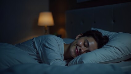 happy person woman sleeping in bed at night