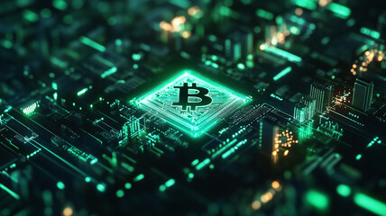 Obraz premium Bitcoin: The Future of Finance: A mesmerizing abstract rendering of a bitcoin symbol pulsating within a glowing circuit board.