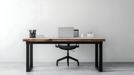 Desk with laptop photo mockup, wide shot on plain wall and floor.. AI Generated