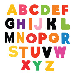 funny colorful cartoon alphabet poster featuring rounded bold letters in rainbow colors with a black outline. perfect for kids' birthday cards, baby showers, or as an educational nursery print.