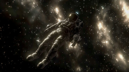 Fototapeta premium A lone astronaut wearing a high-tech space suit, floating in the vastness of outer space