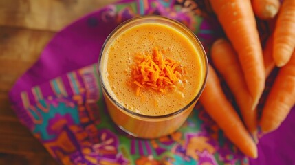 A vibrant shot of a glass of carrot juice on a colorful cloth with freshly grated carrots and whole carrots as decor
