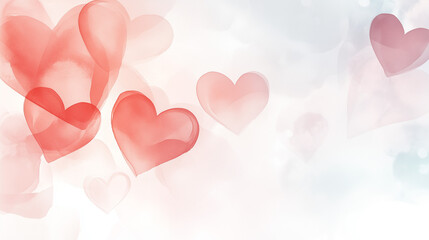Transparent red hearts floating on a soft pastel background