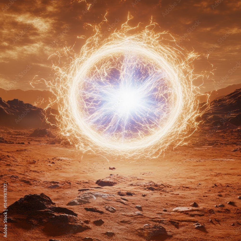 Wall mural a glowing, living energy orb on the surface of mars, with subtle, swirling internal motion as if it 