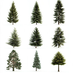 Obraz premium Evergreen Collection: A diverse array of nine evergreen trees, showcasing a variety of species and shapes, perfect for landscaping, design, and nature-inspired projects. 