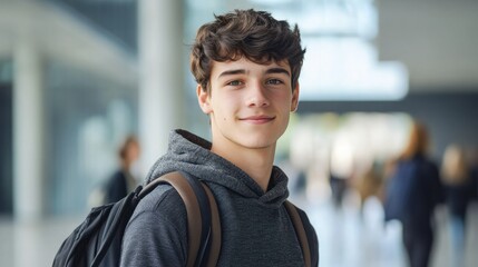 Fototapeta premium Young student with a friendly smile walking in a modern educational environment during the day