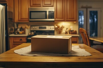 Brown cardboard box resting on a wooden kitchen table during evening hours with warm lighting