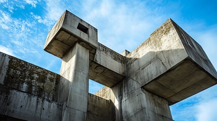 Abstract concrete structure intensely rising under blue sky wide photo. AI Generated
