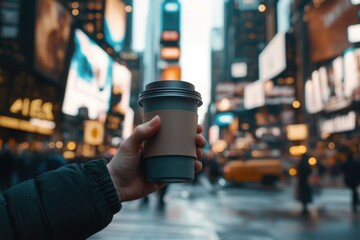 City life thrives with coffee in hand while exploring Times Square during a busy day