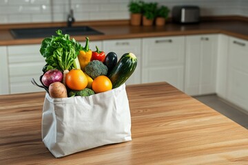 Freshly picked vegetables arranged in a tote bag on a wooden kitchen countertop in a bright home kitchen