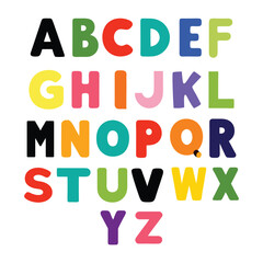 funny colorful cartoon alphabet poster featuring rounded bold letters in rainbow colors with a black outline. perfect for kids' birthday cards, baby showers, or as an educational nursery print.
