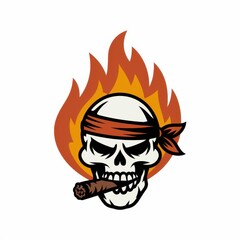 Flaming Skull Smoking a Cigar Wearing a Headband