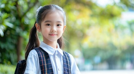 Young asian girl smiling and ready for school in a sunny outdoor setting surrounded by greenery