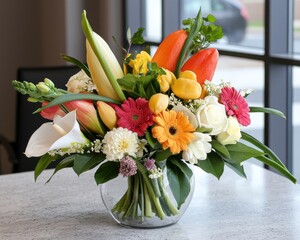 Vibrant Floral Arrangement with Colorful Blooms in Glass Vase