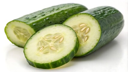 A green cucumber sliced in half isolated on a white background